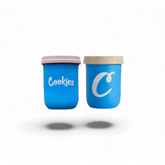 RE Stash Jar Cookies Blue 16oz Glas mit Silikonhülle – geruchsdicht und wiederverwendbar, erhältlich bei Pief-Leaf®