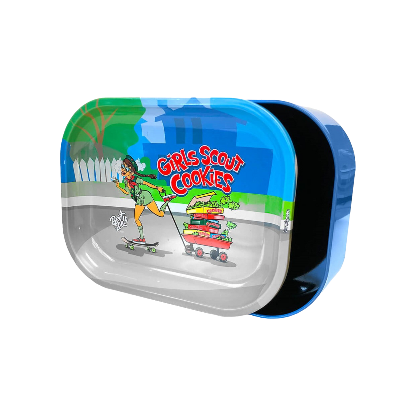 Best Buds Thin Box Rolling Tray mit Stauraum – Girl Scout Cookies Design, kompakt und funktional für unterwegs.