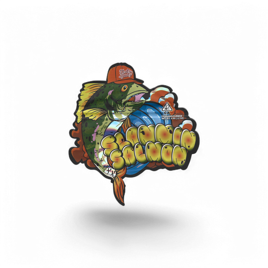 Teds Budz Slammin' Salmon Shaped Mylar Bag 3.5g – leere Sammelbeutel in Fischform.