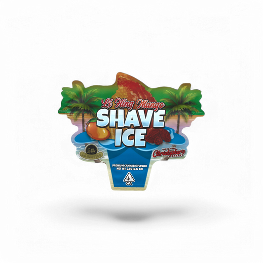 10x Li Hing Mango Shave Ice Shaped Mylar Bags 3.5g – leere Sammelbeutel im auffälligen Design.