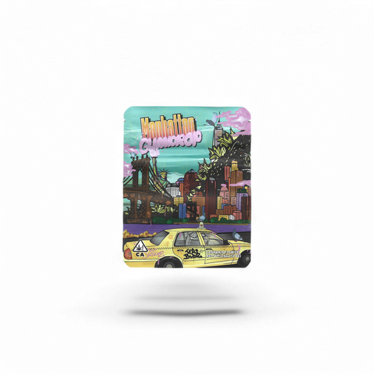 10x Teds Budz Manhattan Gumdrop Mylar Bags 3.5g – leere Sammelbeutel im kreativen Design.