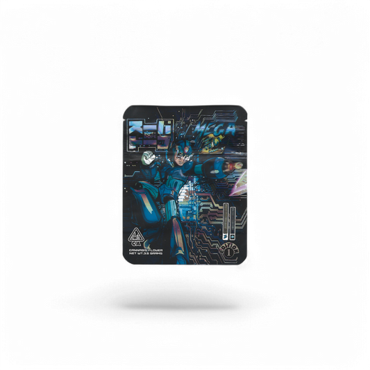 10x Super Dope Megaz Blue Mylar Bags 3.5g – leere Sammelbeutel im blauen Megaz-Design.