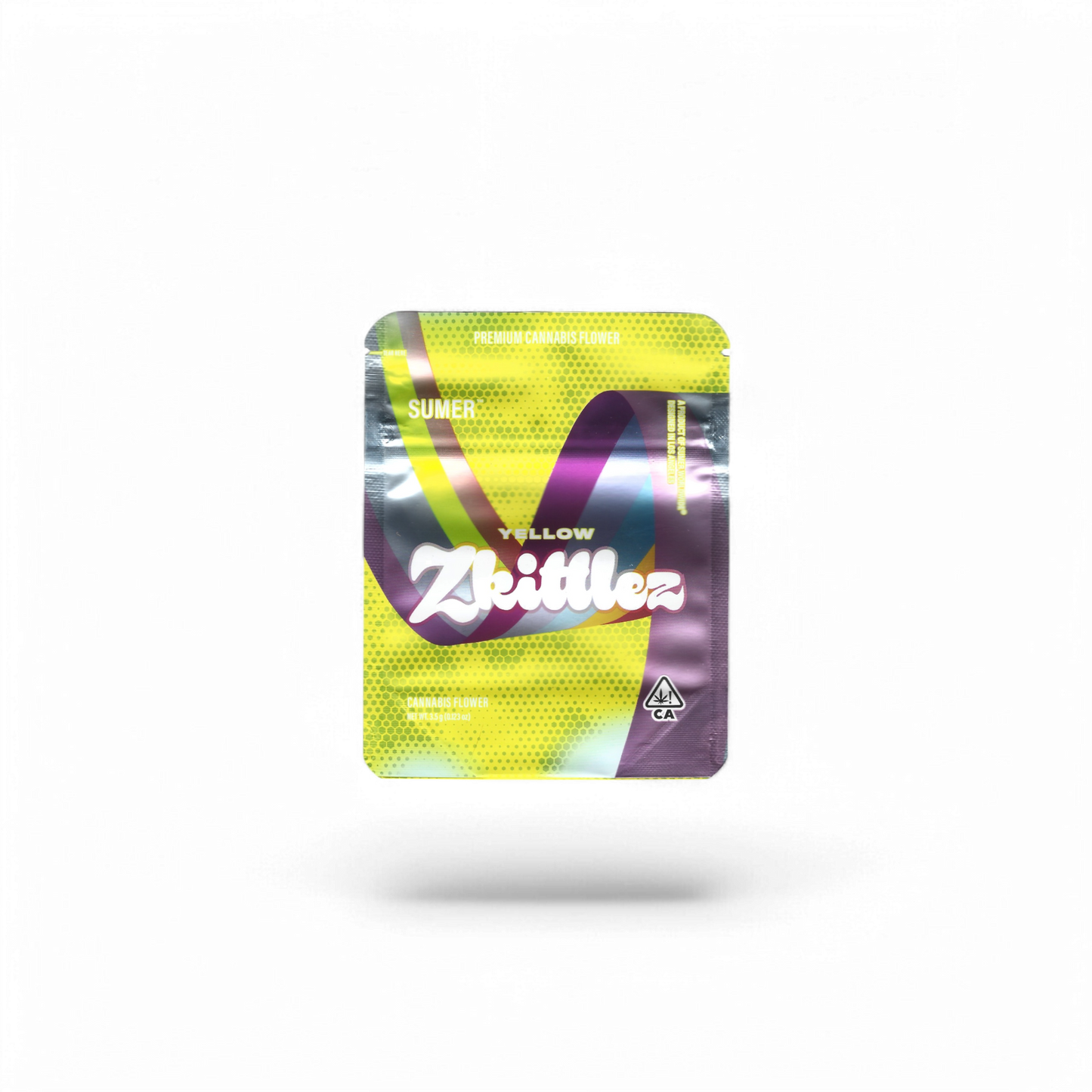 10x Sumer Yellow Zkittlez Mylar Bags 3.5g – leere Sammelbeutel im bunten Zkittlez-Stil.