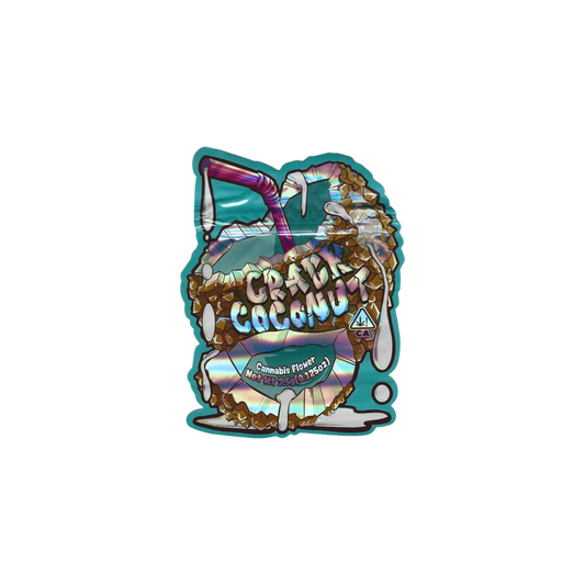 10x leere Crack Coconut Mylar Bags (3.5g) im Kokosnuss-Design von The Candy Shop – auffällig, wiederverschließbar & sammelwürdig.