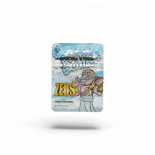 10x Doctor Exotics Zeus Mylar Bags 3.5g – leere Sammelbeutel mit eindrucksvollem Zeus-Motiv.