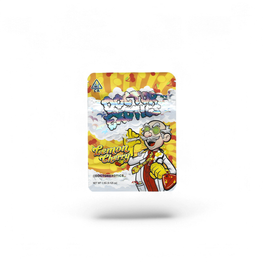 10x Doctor Exotics Lemon Cherry Mylar Bags 3.5g – leere Sammelbeutel mit Lemon-Cherry-Motiv.