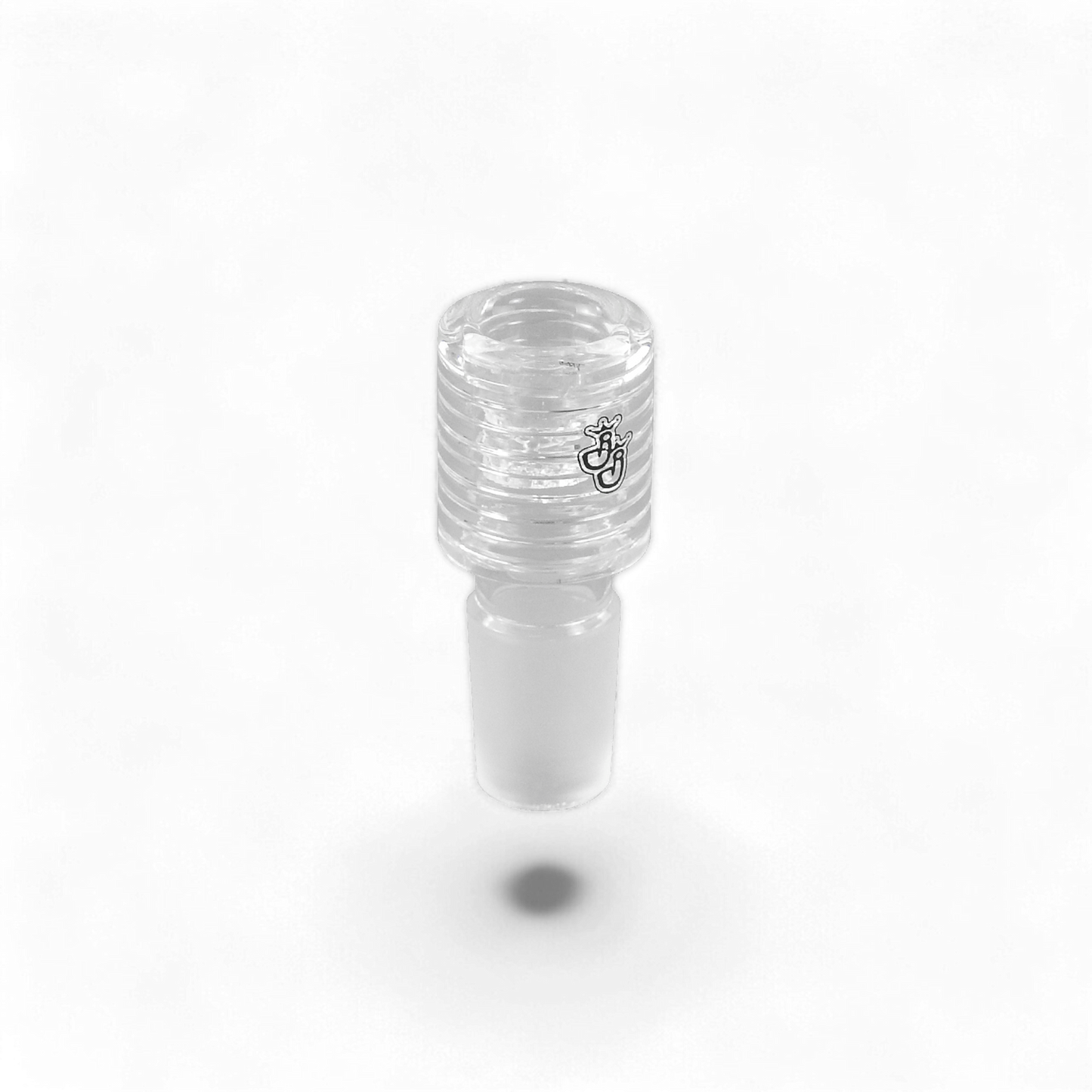 Glas-Köpfchen mit integriertem Glasieb, 18,8 mm Schliff, ca. 6 cm hoch, transparent mit „JJ“-Print
