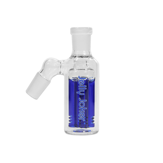 Four-ce Vorkühler aus klarem Borosilikatglas mit blauem 4-Arm-Perkolator, 11 cm hoch, mit 2× 18,8 mm Schliff, JJ-Print