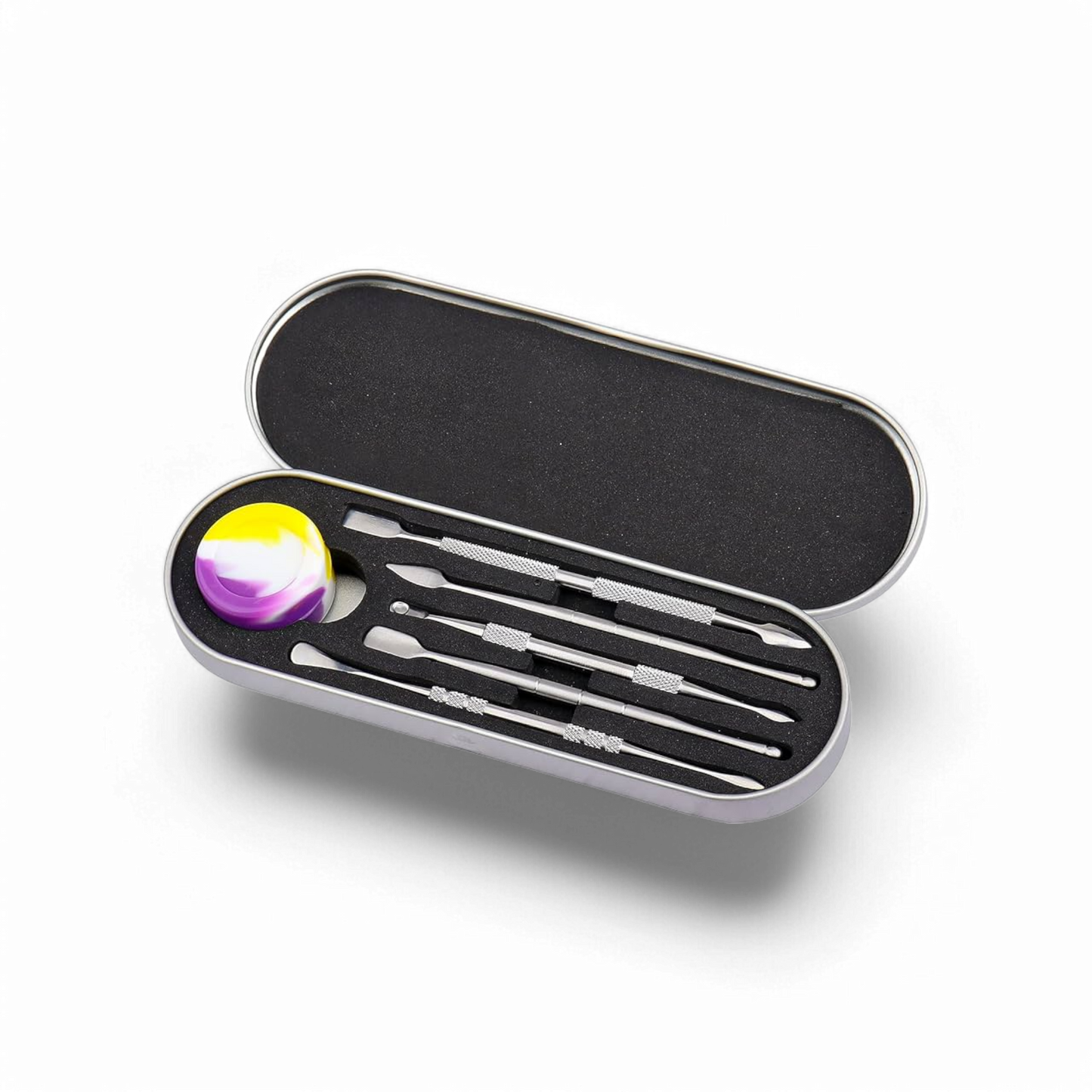 6-teiliges Dabbing-Set aus Edelstahl mit rutschfesten Griffen, inklusive 5ml Silikonbehälter und Etui zur sicheren Aufbewahrung.
