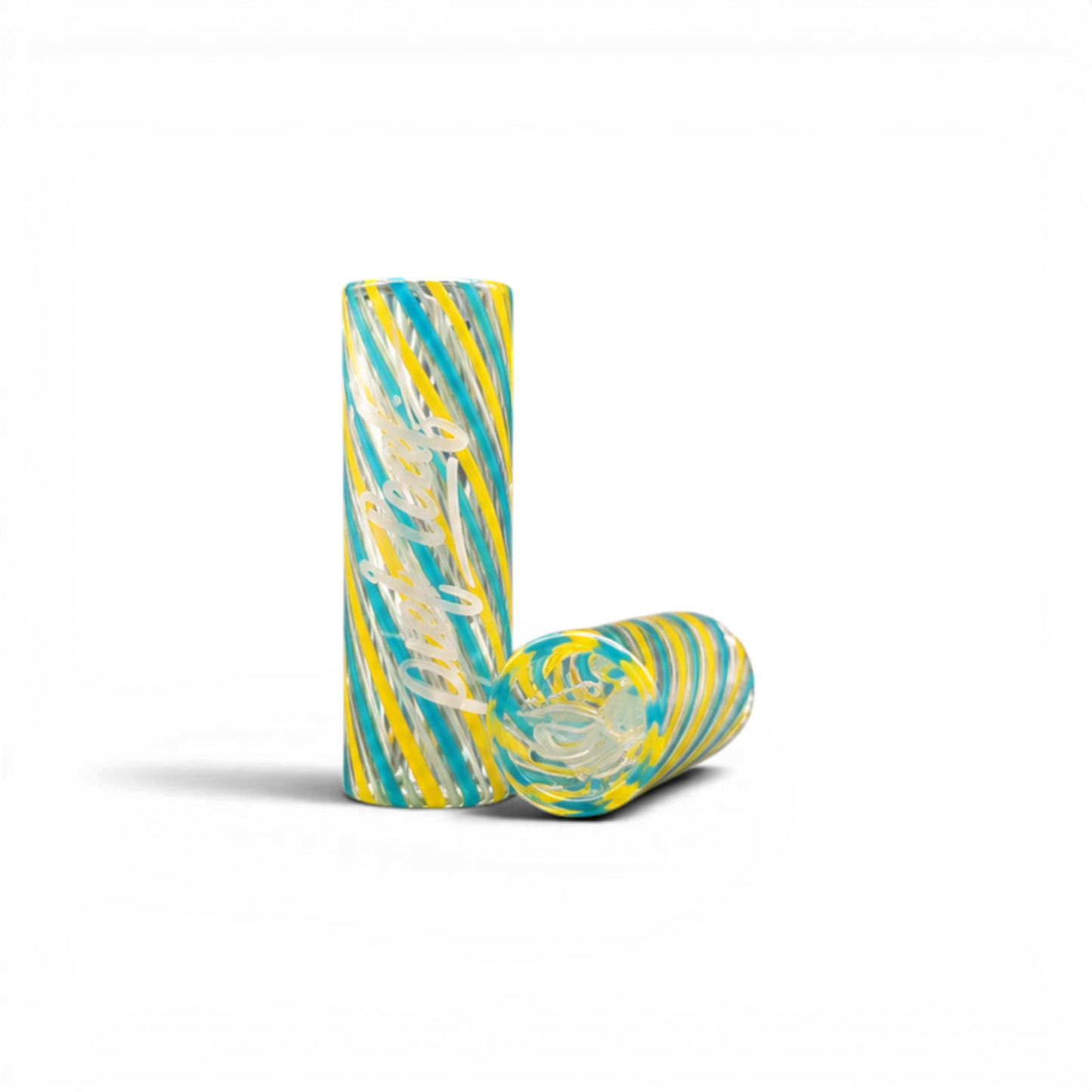 Yellow Blue Clear Spiral Stripes Glas Tip mit Pief-Leaf® Logo Print