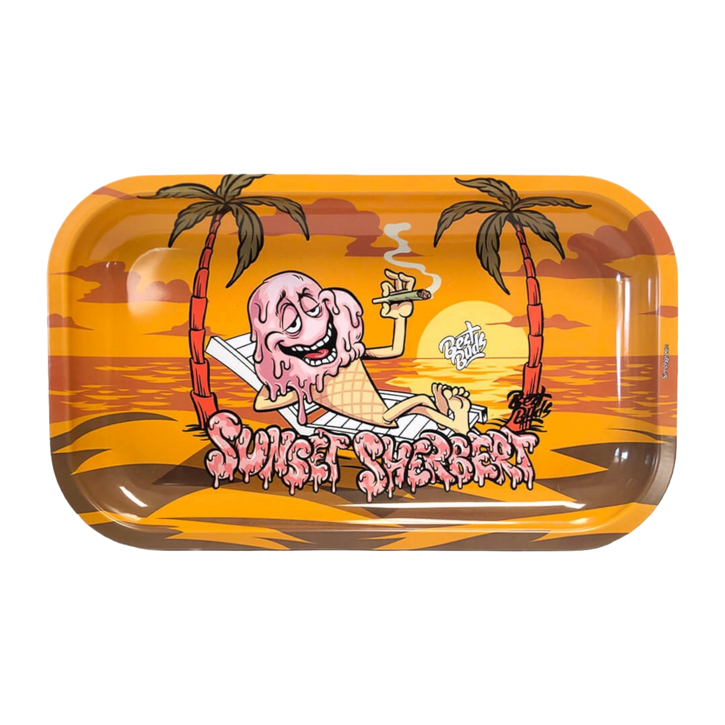 Best Buds Sunset Sherbet Metall Rolltablett – 16 x 27 cm, robust und stylisch, ideal als saubere Drehunterlage.