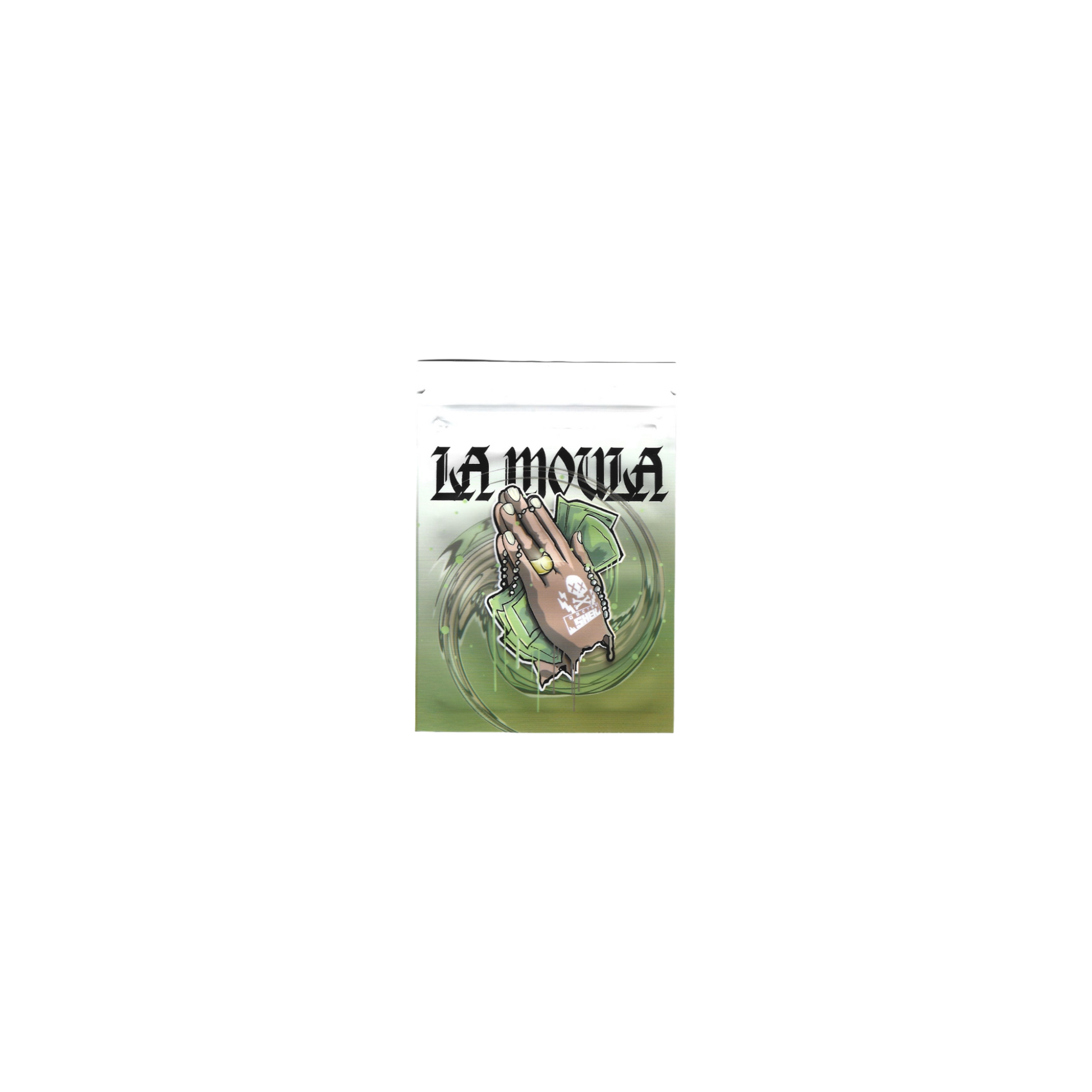 100x La Moula Mylar Bags 1g leer auf weißem Hintergrund