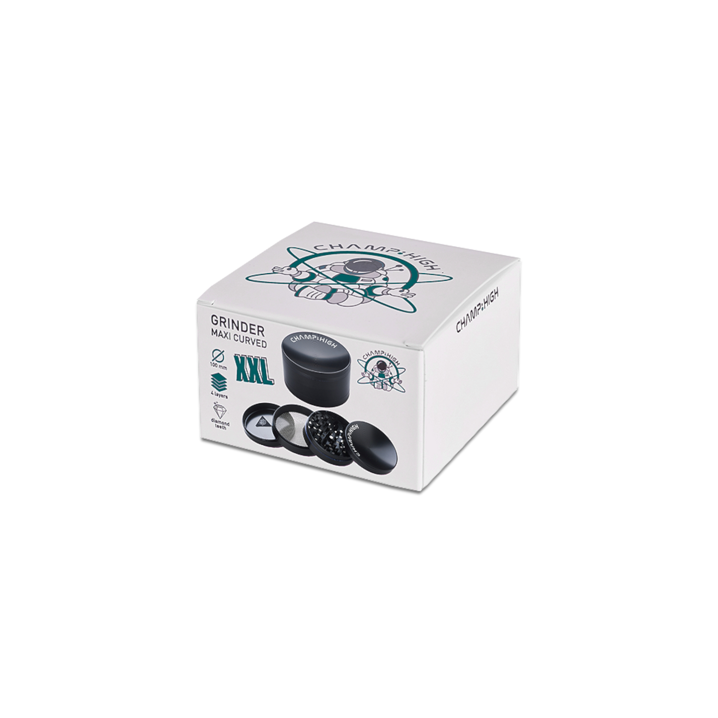 Grinder, MAXI CURVED, XXL Grinder, Champ High, Schwarz, Kräutermühle, Pollensieb, Magnetverschluss, hochwertig, Mahlwerkzeug, Zubehör, Tabakmühle