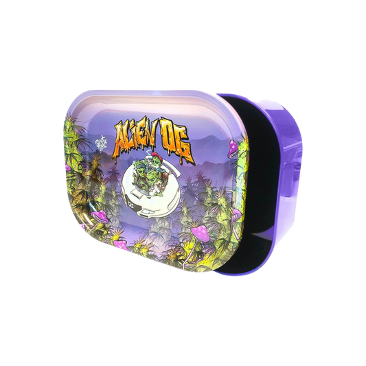 Best Buds Thin Box Rolling Tray mit Stauraum – Alien OG Design, kompakt und funktional für unterwegs.