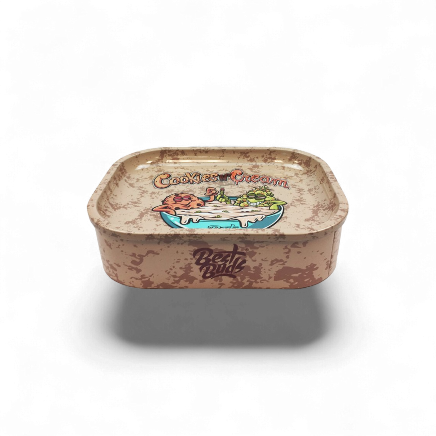 Best Buds Rolltablett „Cookies and Cream“, 18 × 14 cm, mit Staufach für Zubehör – aus robustem Metall, ideal für unterwegs