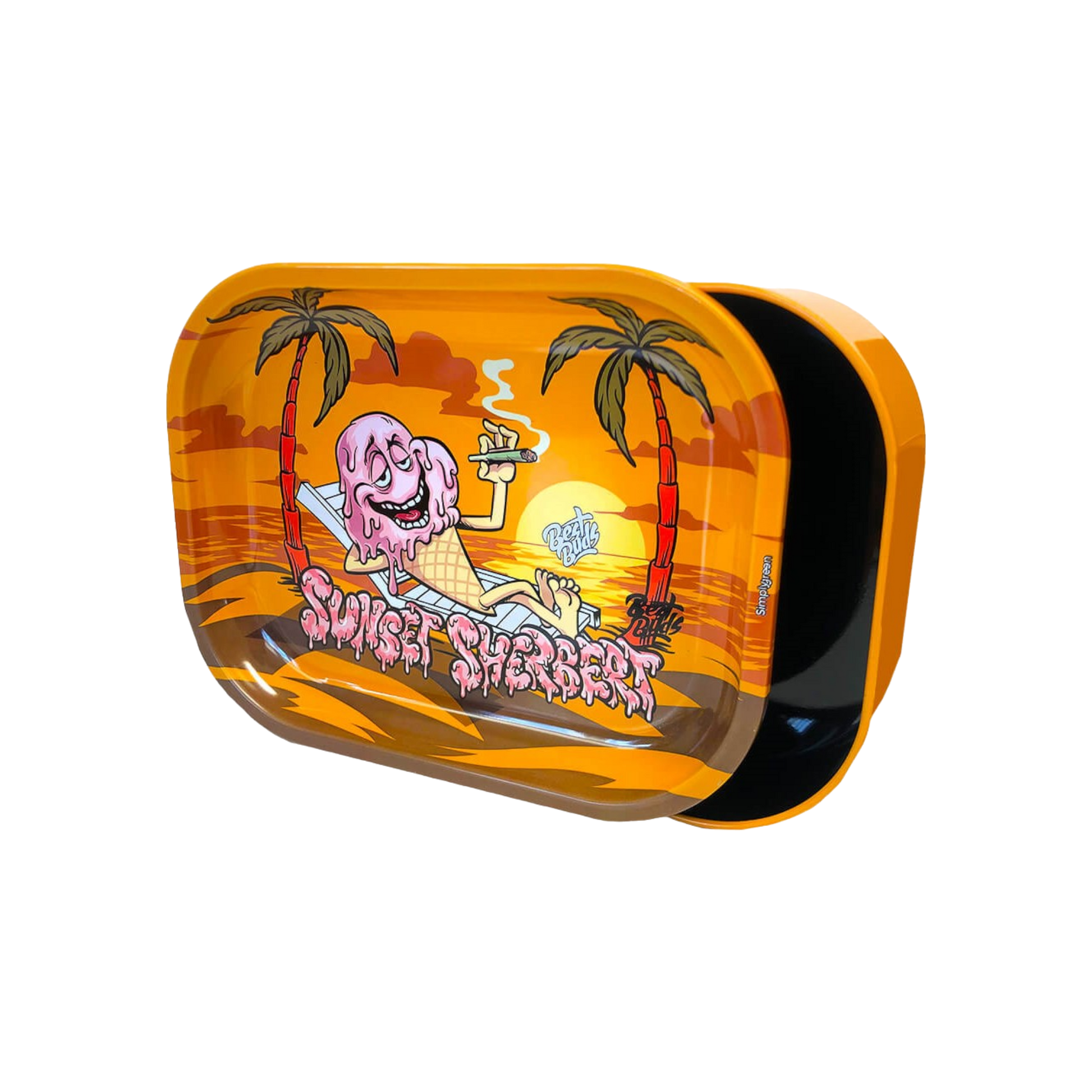 Best Buds Thin Box Rolling Tray mit Stauraum – Sunset Sherbet Design, kompakt und funktional für unterwegs.