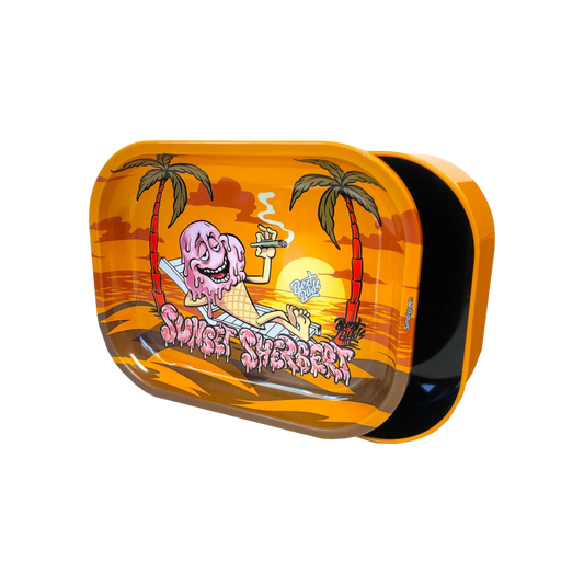 Best Buds Thin Box Rolling Tray mit Stauraum – Sunset Sherbet Design, kompakt und funktional für unterwegs.