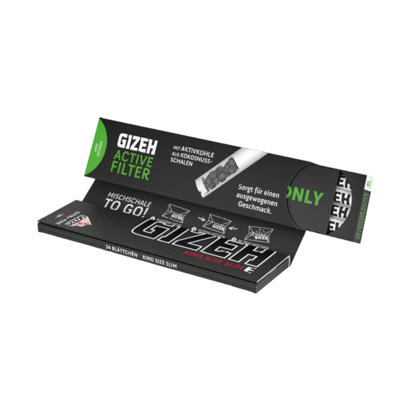 Gizeh Black King Size Slim + Active Filter Black 6mm je 34 Blatt + 16 Tips