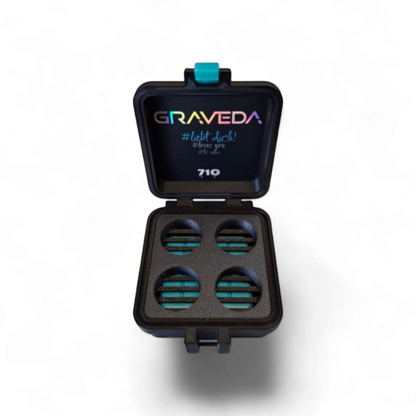 GRAVEDA TerpCooler in Schwarz mit Platz für vier 5ml Jars, biologisch abbaubar, mit Kühlakku – ideal für Rosin und Wax unterwegs.