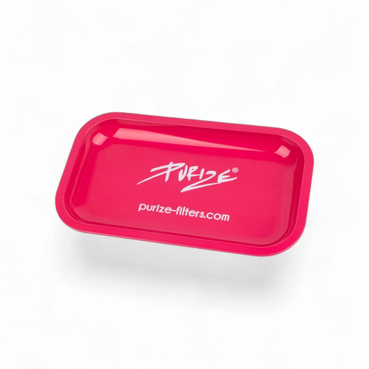 PURIZE® Rolling Tray Metall Pink – kompaktes Drehtablett mit erhöhtem Rand