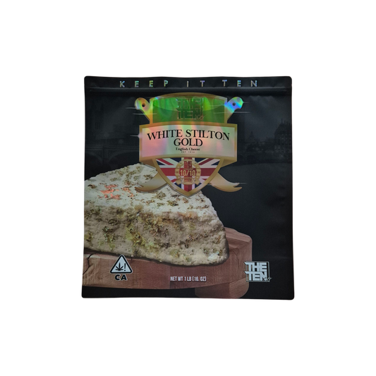 1x THE TEN co. White Stilton Gold Mylar Bag 454g - Leer