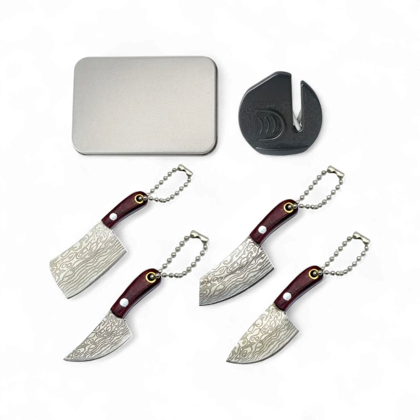 Mini Haschmesser Set mit 4 Messern in Damast-Optik, Schlüsselanhänger, Schleifer und Metallbox – ideal für Hasch & Extrakte.