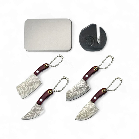 Mini Haschmesser Set mit 4 Messern in Damast-Optik, Schlüsselanhänger, Schleifer und Metallbox – ideal für Hasch & Extrakte.