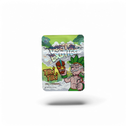 10x Doctor Exotics Tiki Tiki Mylar Bags 3.5g – leere Sammelbeutel im auffälligen Tiki-Design.