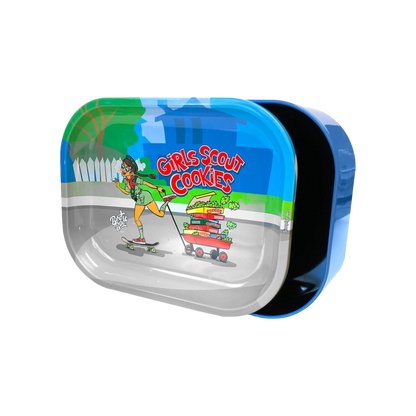 Best Buds Thin Box Rolling Tray mit Stauraum – Girl Scout Cookies Design, kompakt und funktional für unterwegs.