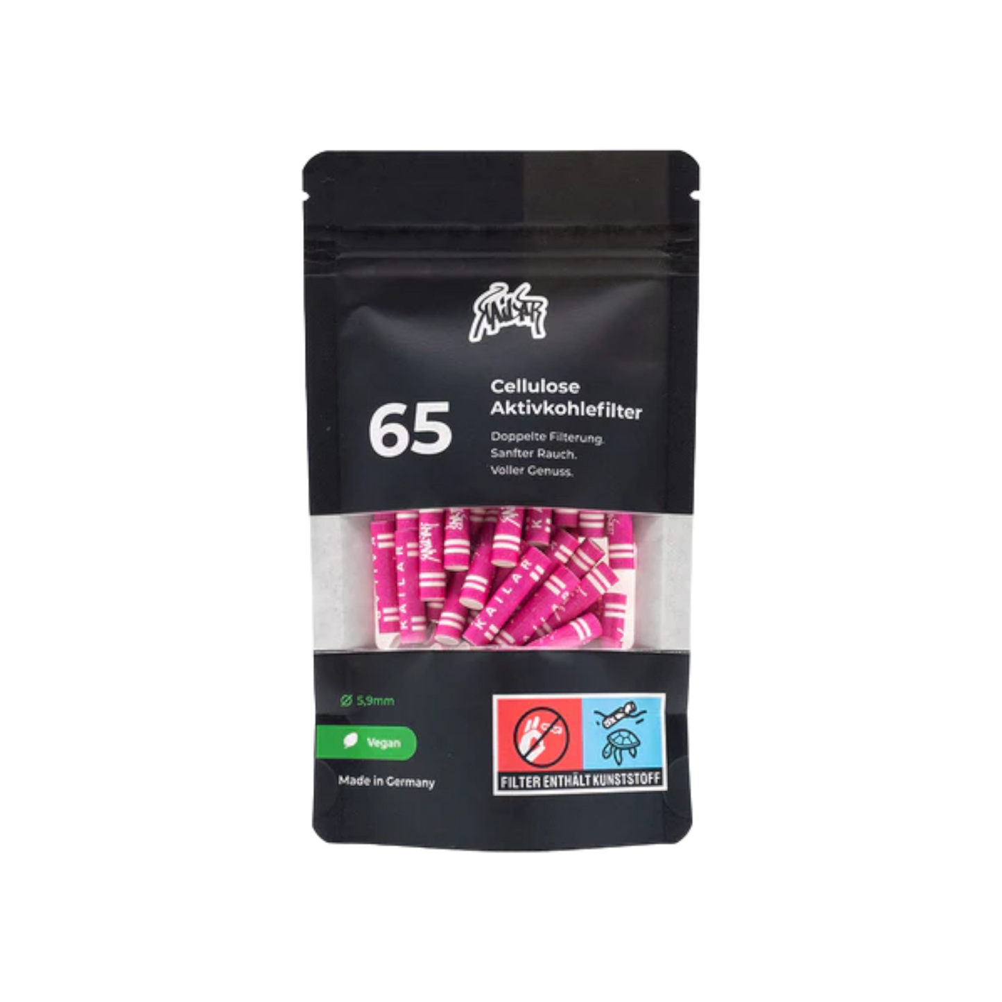 Kailar Pink Slim Size 65er Pack Aktivkohlefilter Ø 5,9mm auf weißem Hintergrund