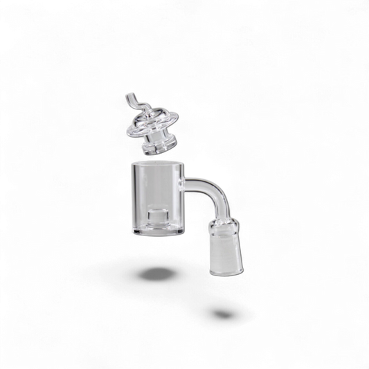 Dabbing-Set mit XXL-Banger und Carb Cap aus Glas in Metalldose, NS 14F, 90°-Winkel