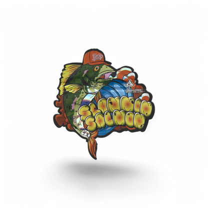 Teds Budz Slammin' Salmon Shaped Mylar Bag 3.5g – leere Sammelbeutel in Fischform.