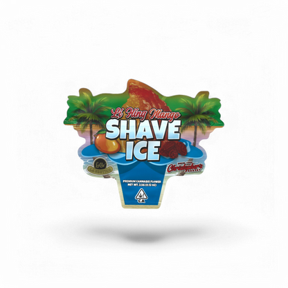 10x Li Hing Mango Shave Ice Shaped Mylar Bags 3.5g – leere Sammelbeutel im auffälligen Design.