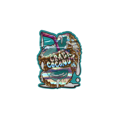 10x leere Crack Coconut Mylar Bags (3.5g) im Kokosnuss-Design von The Candy Shop – auffällig, wiederverschließbar & sammelwürdig.