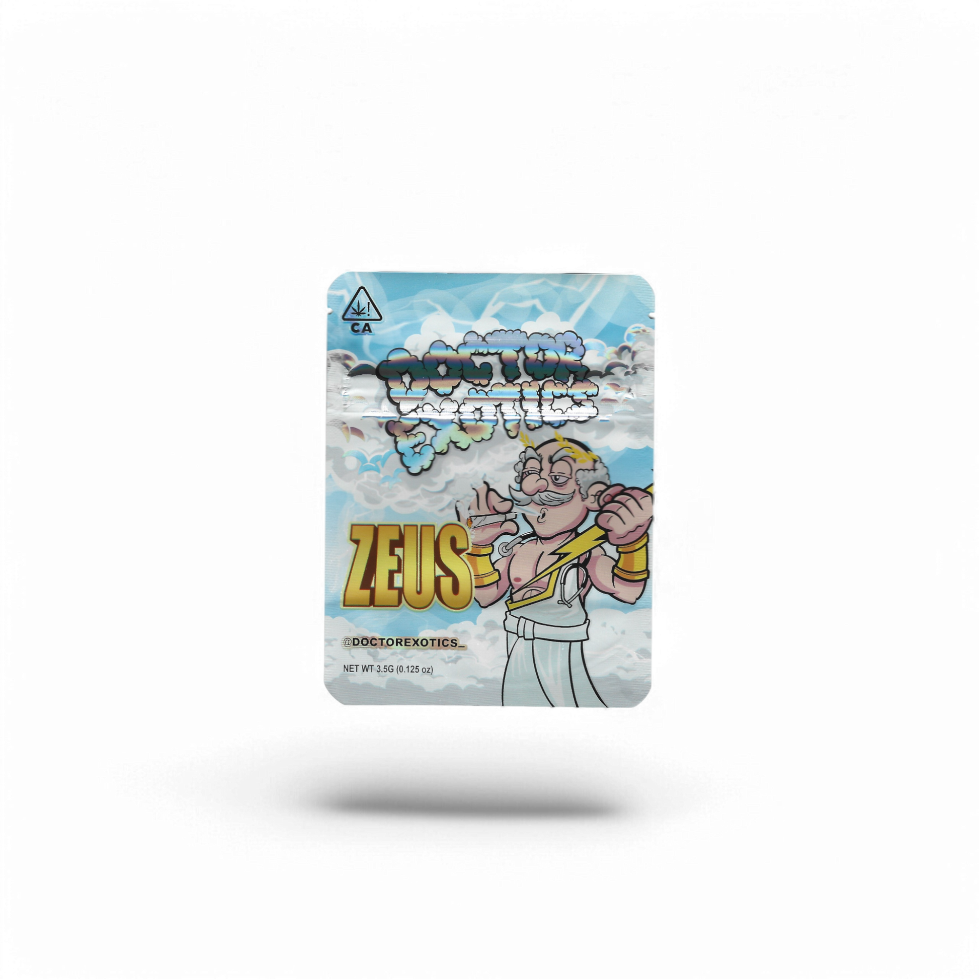 10x Doctor Exotics Zeus Mylar Bags 3.5g – leere Sammelbeutel mit eindrucksvollem Zeus-Motiv.
