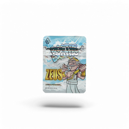 10x Doctor Exotics Zeus Mylar Bags 3.5g – leere Sammelbeutel mit eindrucksvollem Zeus-Motiv.