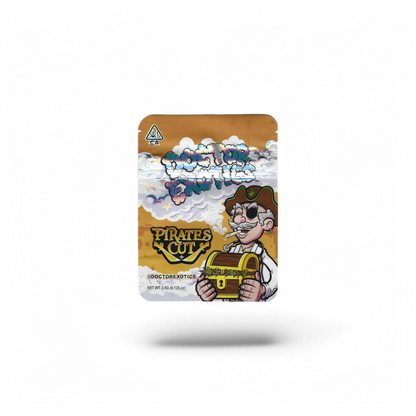 10x Doctor Exotics Pirate’s Cut Mylar Bags 3.5g – leere Sammelbeutel mit Piratenmotiv.