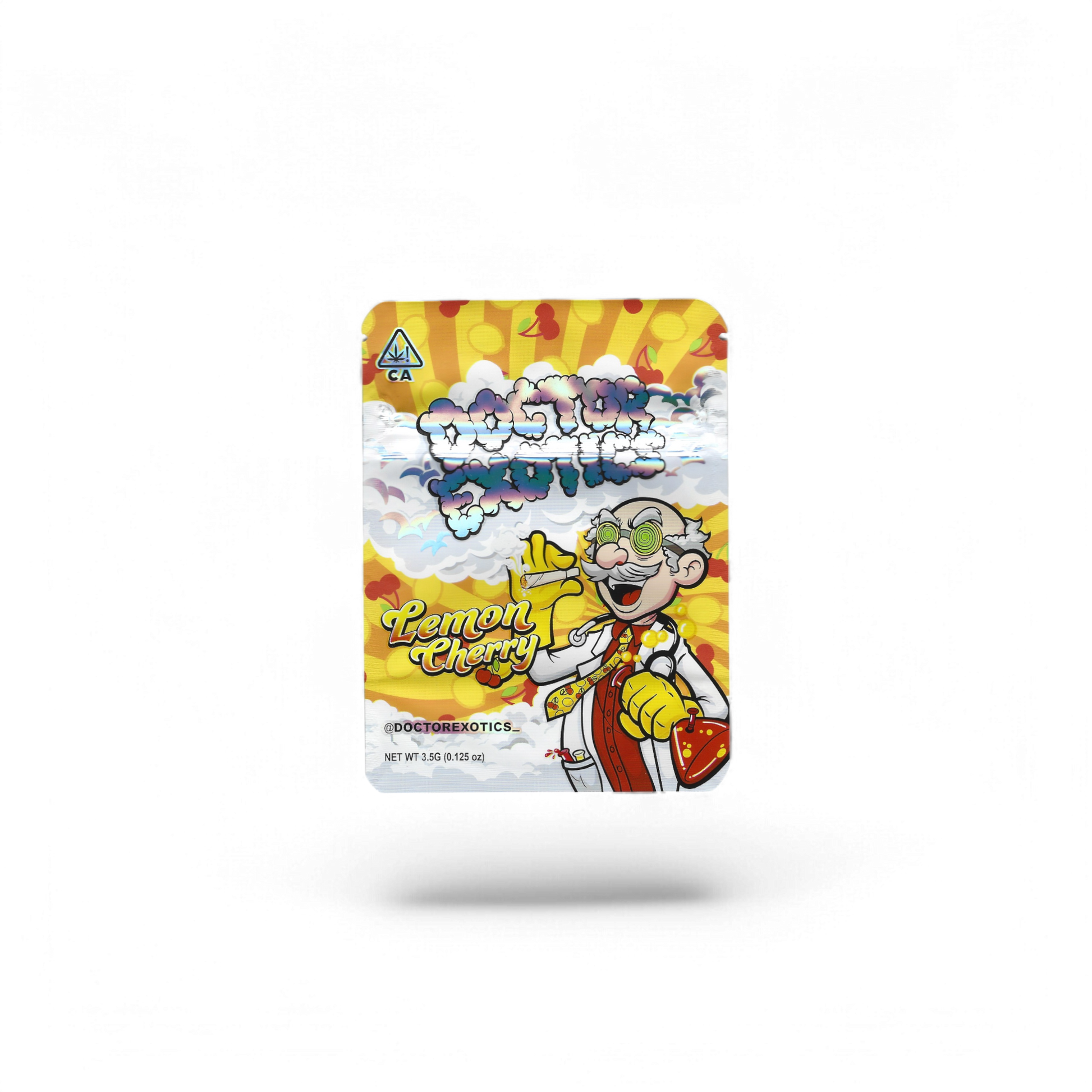 10x Doctor Exotics Lemon Cherry Mylar Bags 3.5g – leere Sammelbeutel mit Lemon-Cherry-Motiv.