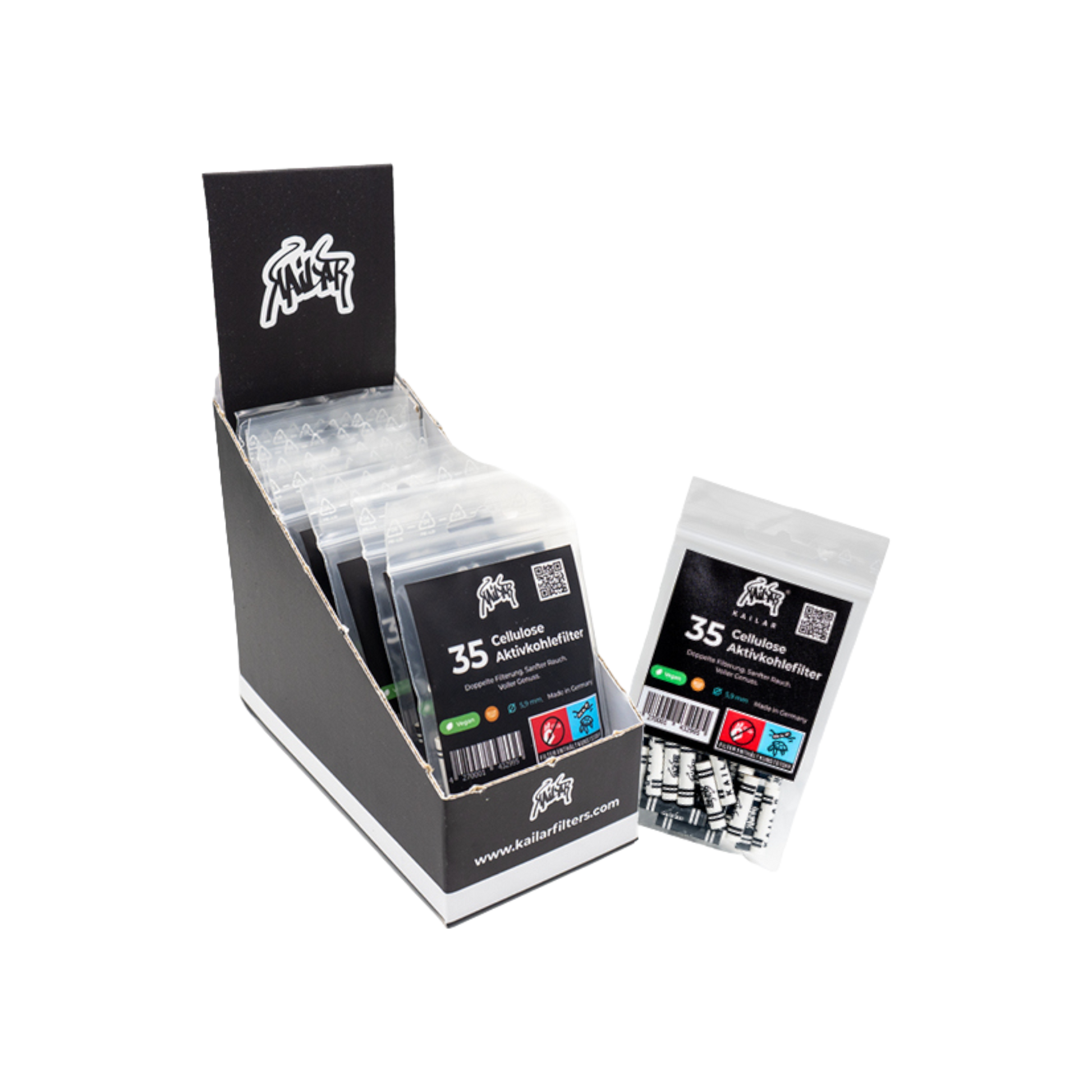 Detailansicht des Kailar Mix Slim Aktivkohlefilter 35er Packs Ø 5,9mm in bunten Farben