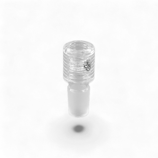 Glas-Köpfchen mit integriertem Glasieb, 18,8 mm Schliff, ca. 6 cm hoch, transparent mit „JJ“-Print