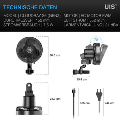 AC Infinity - Cloudray S6 leiser Clip-Ventilator mit verstellbarem Kopf
