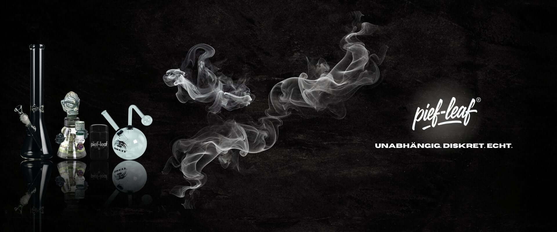 Pief-Leaf® Headshop Banner mit Bong, Dab-Rig und Rauch – dein Online-Shop für Grinder, Papers & Cannabis-Samen