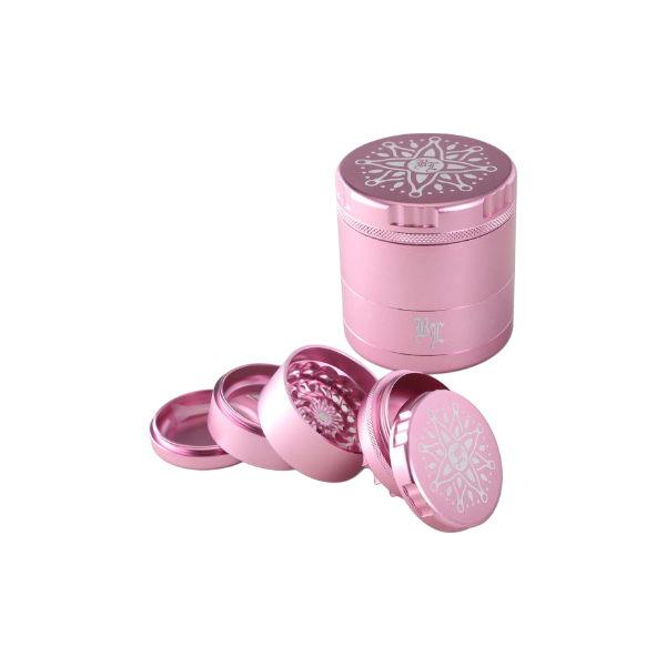 Pinkfarbener 5-teiliger FLOWER-Grinder von Black Leaf® mit innovativem Blumenschliff und Pollenkammer