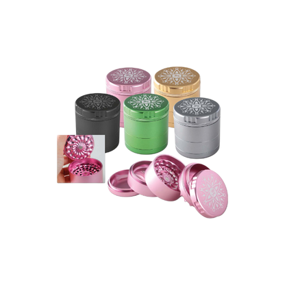 CNC-Blumen-Grinder in Pink, Zubehörteile einzeln gezeigt, hochwertiges Aluminium, erhältlich bei Pief-Leaf®