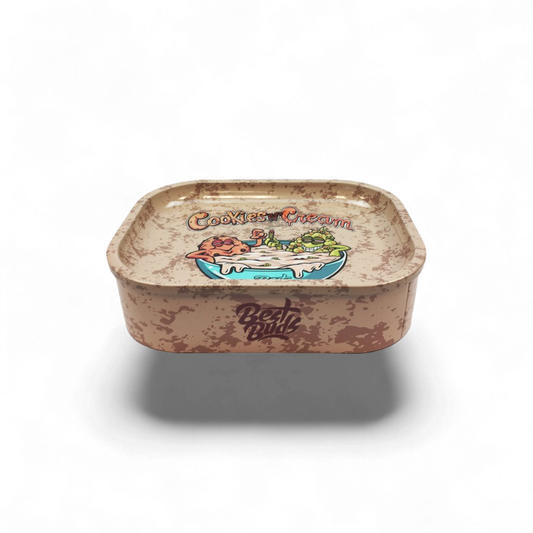 Best Buds Rolltablett „Cookies and Cream“, 18 × 14 cm, mit Staufach für Zubehör – aus robustem Metall, ideal für unterwegs