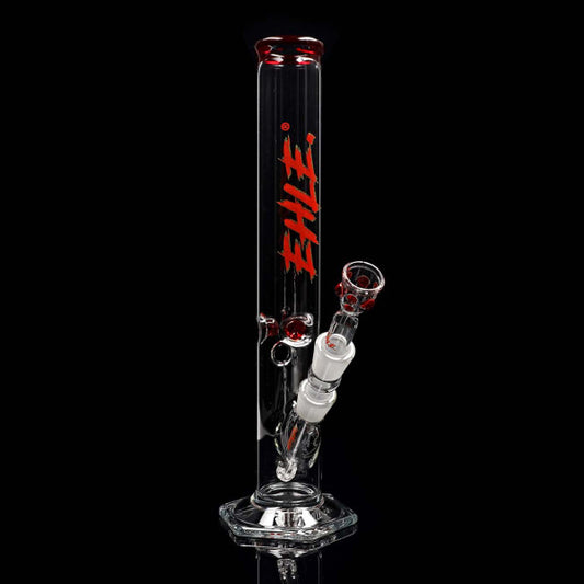 EHLE. Icebong Red Series mit roten Eiszacken und Kopf mit roten Punkten, ca. 37 cm hoch, handgefertigt aus klarem Borosilikatglas.