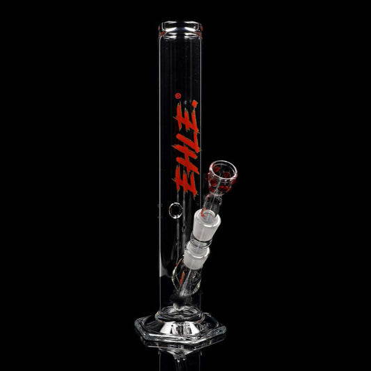 Zylinderbong EHLE. Red Series mit rotem Logo und 18,8er Schliff, ca. 45 cm hoch, handgefertigt aus klarem Borosilikatglas.