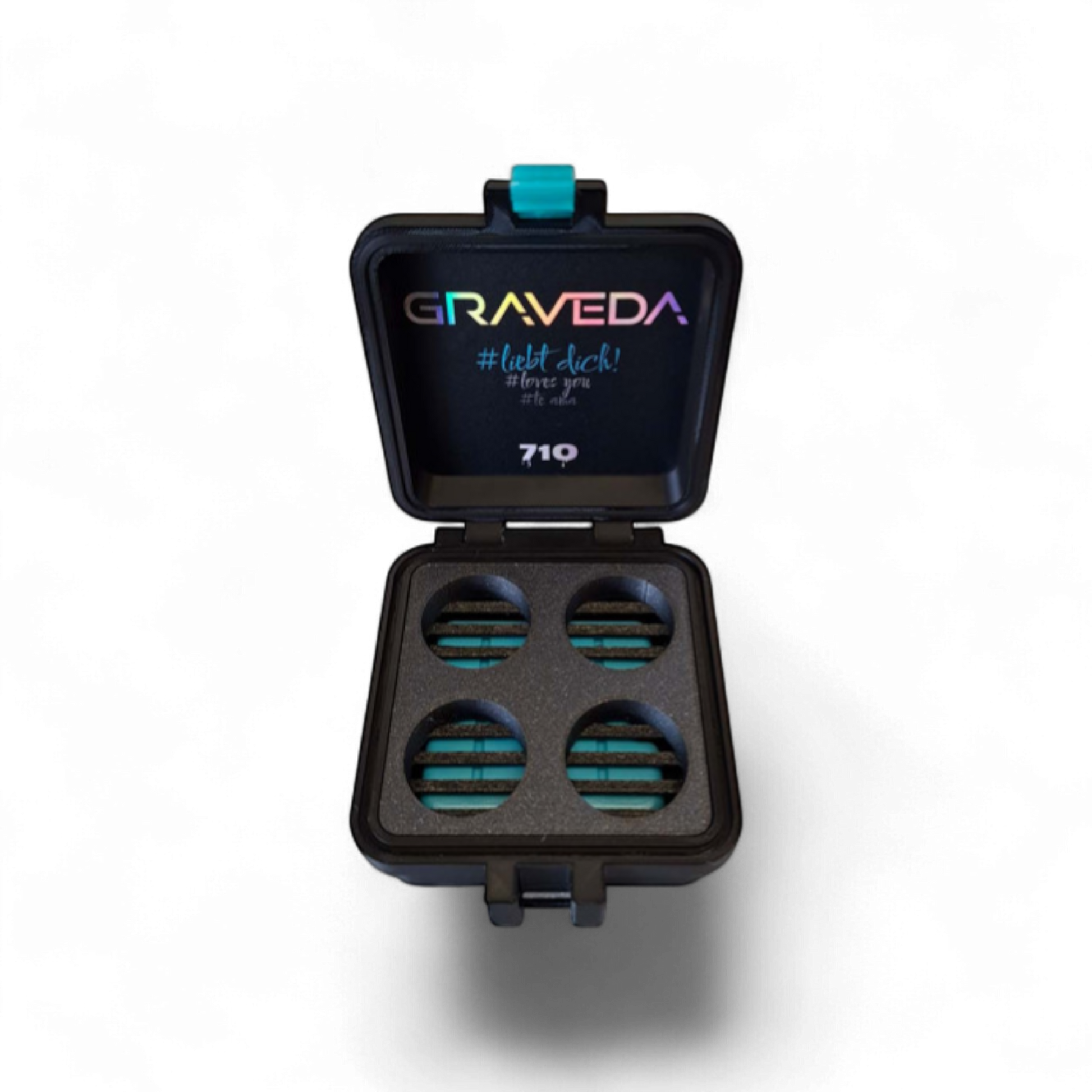 GRAVEDA TerpCooler in Schwarz mit Platz für vier 5ml Jars, biologisch abbaubar, mit Kühlakku – ideal für Rosin und Wax unterwegs.