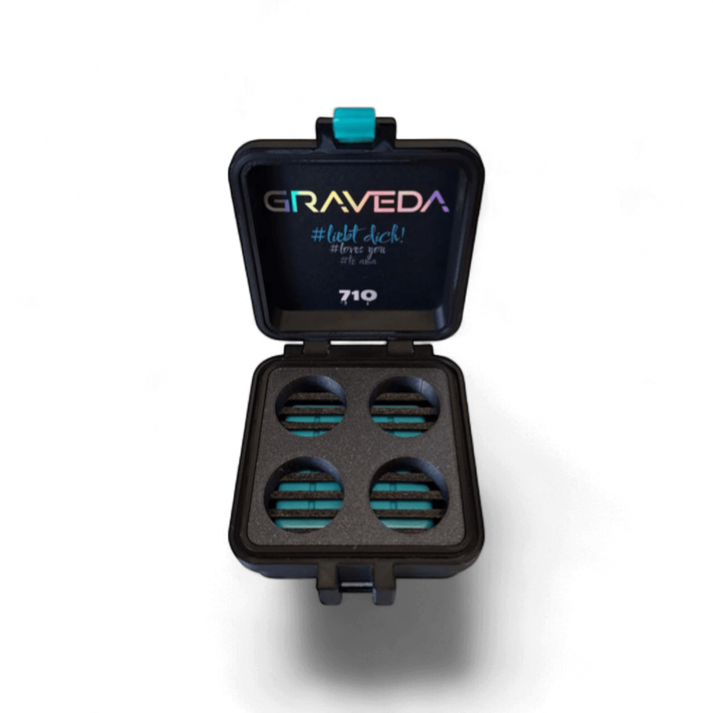 TerpCooler in Schwarz mit Platz für vier 5ml Jars, biologisch abbaubar, mit Kühlakku – ideal für Rosin und Wax unterwegs.