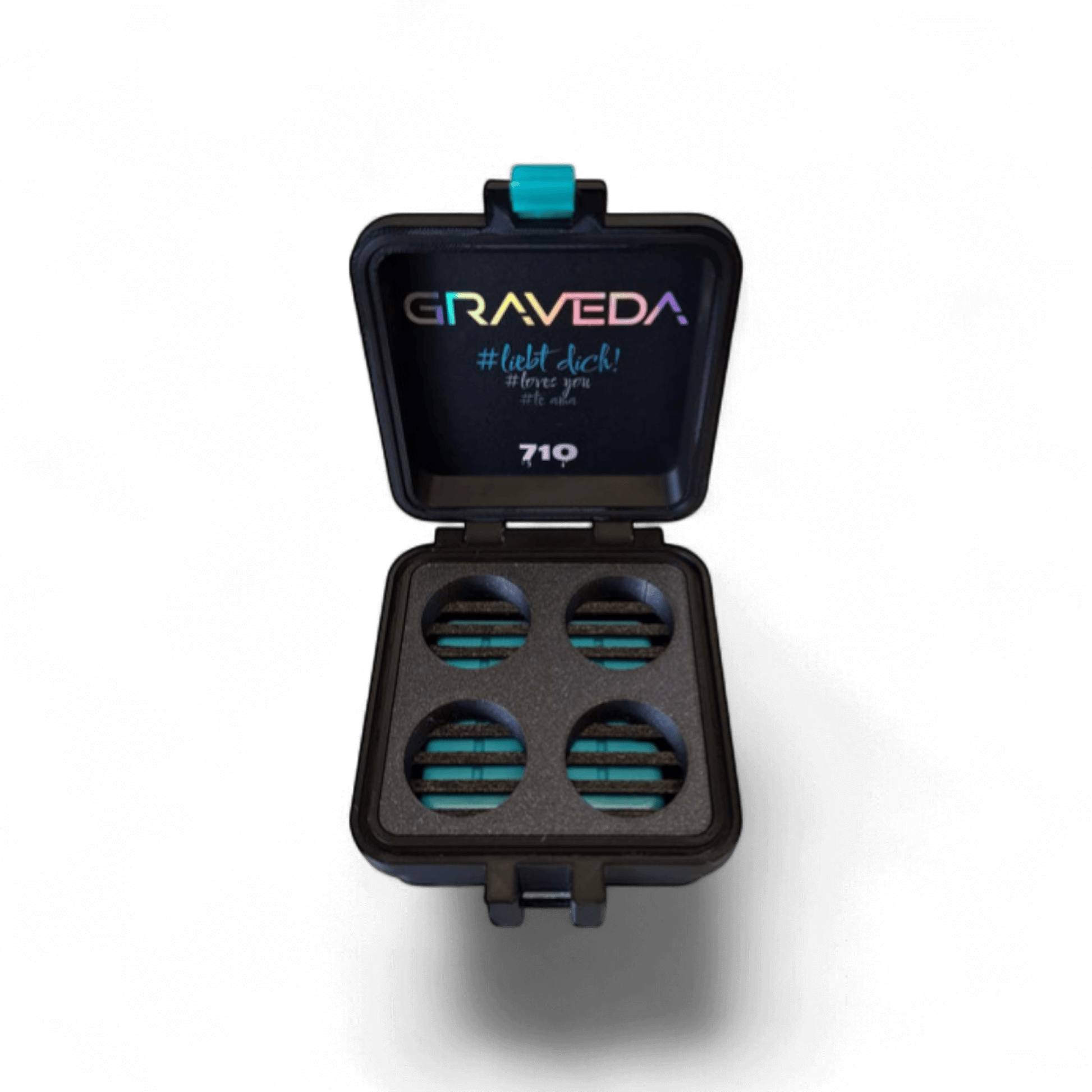 TerpCooler in Schwarz mit Platz für vier 5ml Jars, biologisch abbaubar, mit Kühlakku – ideal für Rosin und Wax unterwegs.